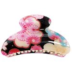 Hair Claw Clip with acrylic coating of Japanese pattern fabric -Sakura - L size Black